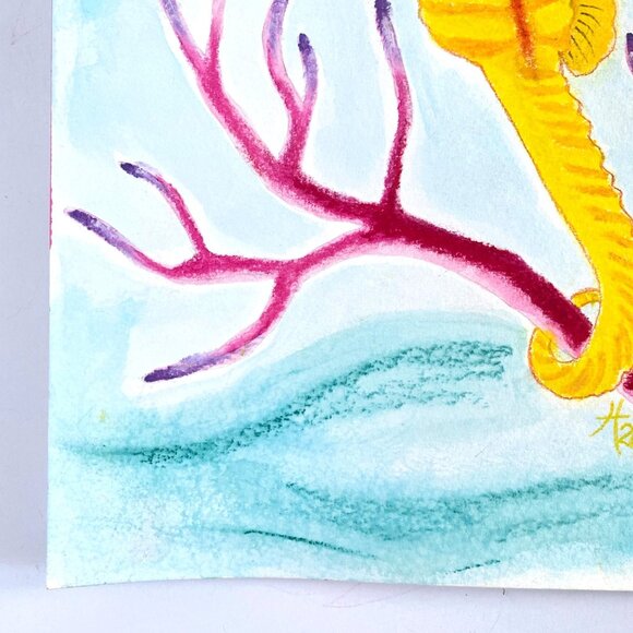 Yellow Seahorse Underwater Original Painting Acrylic Wall Art 11x14in Matted - Picture 5 of 10